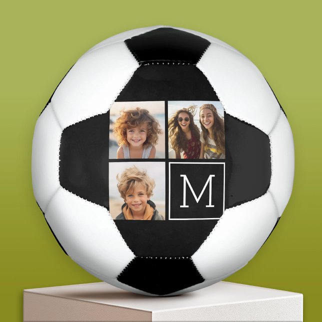Balón De Fútbol Collage de fotos blanco y negro con monograma (Custom Soccer Ball)
