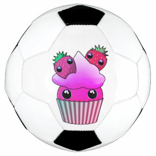 Balón de fútbol con quequitos de fresa kawaii