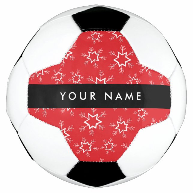 Balón De Fútbol Copos de nieve rojos y blancos, tu nombre, persona (Anverso)