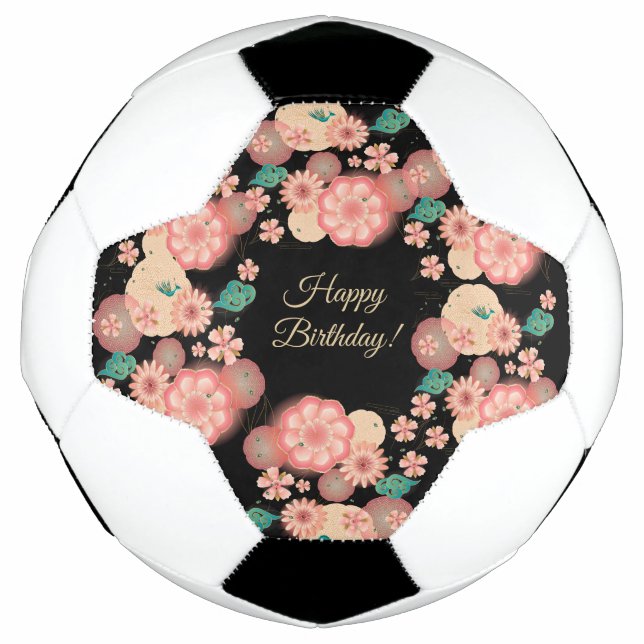 Balón De Fútbol Cumpleaños Feliz - Flores de Melocotón Primavera B (Anverso)