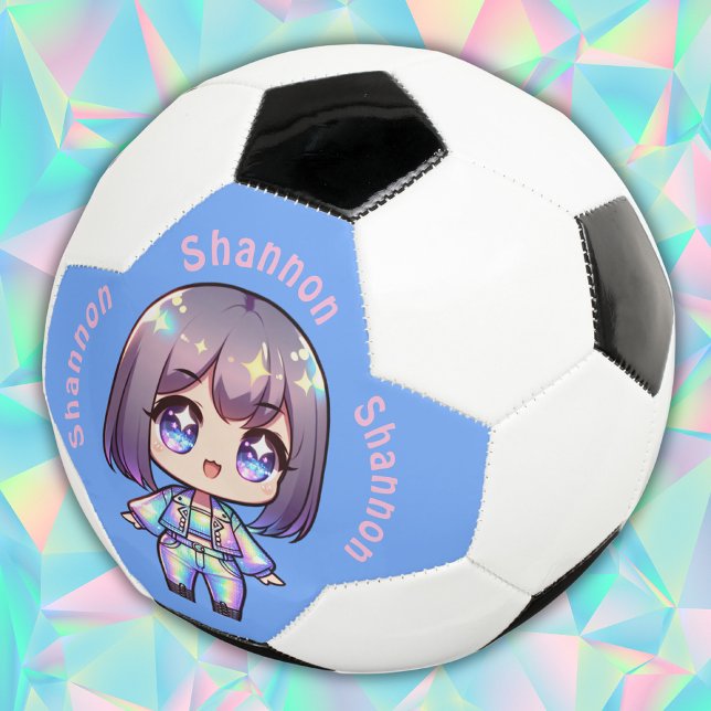 Balón De Fútbol Cute Chibi Monograma Holográfico sobre Azul | (Subido por el creador)
