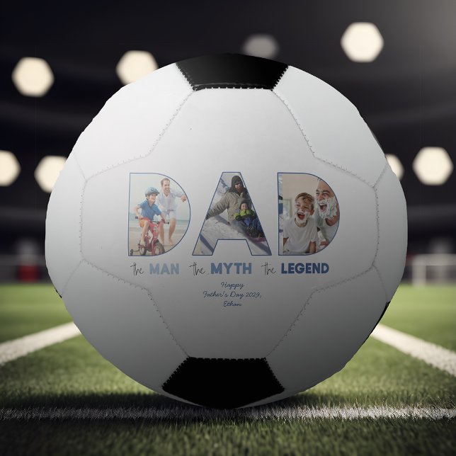 Balón De Fútbol DAD El Hombre Mito Leyenda Foto De Gradiente Azul (Easily personalize this DAD the Man Soccer ball with your photos & text for a gift he'll love)