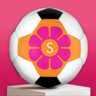 Balón De Fútbol Daisy rosa Groovy con Monograma Naranja Personaliz