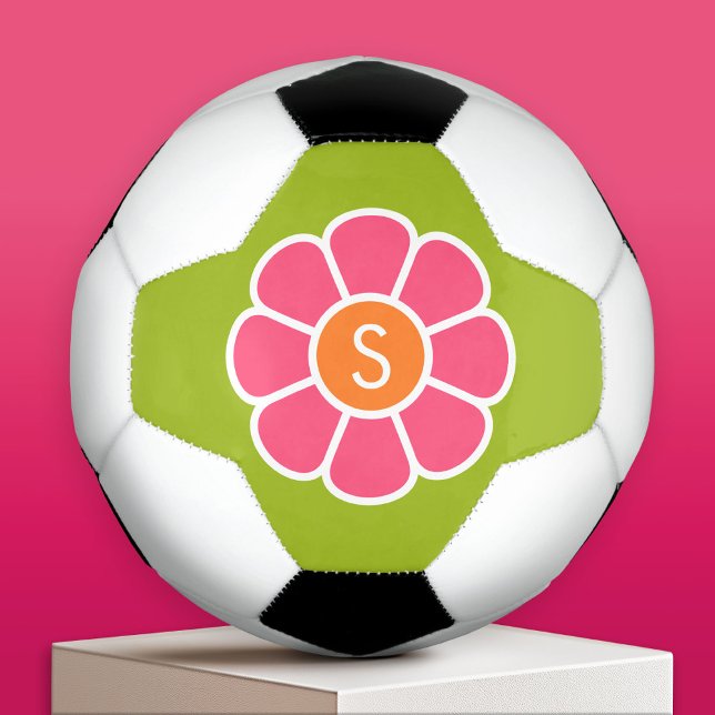 Balón De Fútbol Daisy rosa Groovy con Monograma Naranja Personaliz (Custom Soccer Ball)