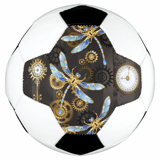 Balón De Fútbol Dragoniscos de Steampunk sobre fondo rayado marrón (Anverso)