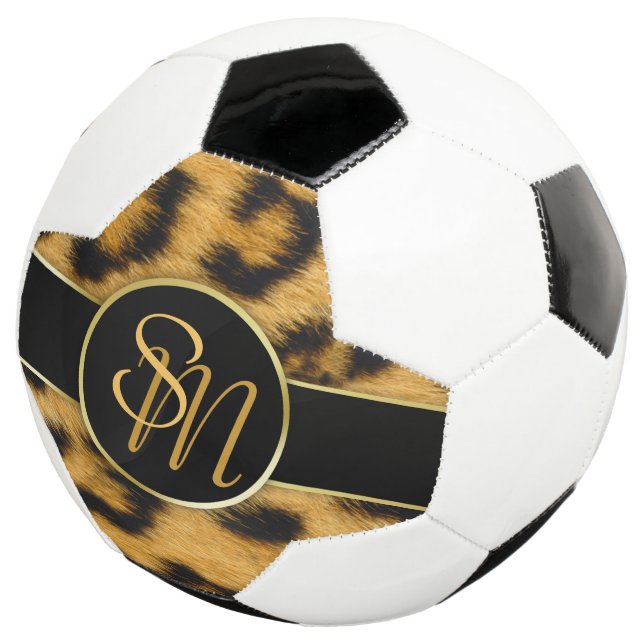 Balón De Fútbol Elegante Leopard Print Monograma Script Soccer Bal (Tres cuartos)