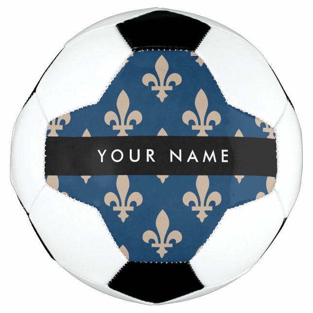 Balón De Fútbol Fleur de Lis, Beige on Navy Blue, Royal, Your Name (Anverso)