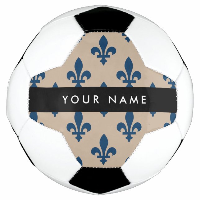 Balón De Fútbol Fleur de Lis, Navy Blue on Beige, Royal, Your Name (Anverso)