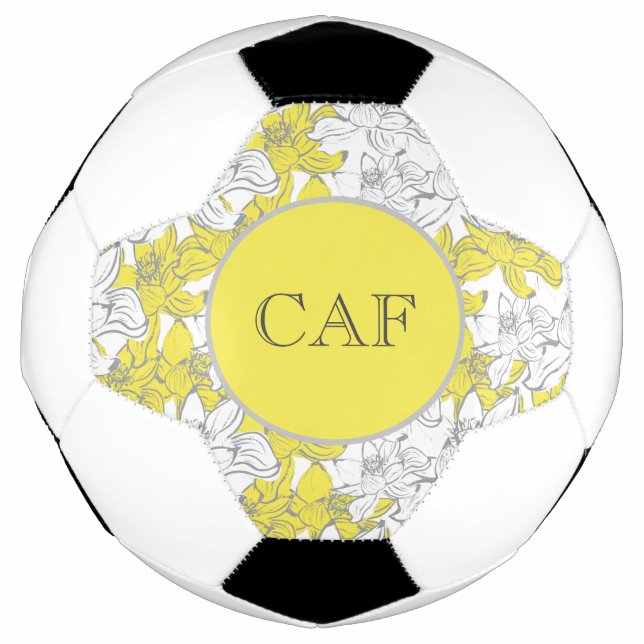 Balón De Fútbol Floral amarilla y gris monogramada (Anverso)