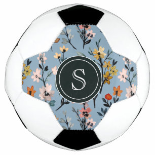 Balón De Fútbol Floral de color azul bohemio monogramado