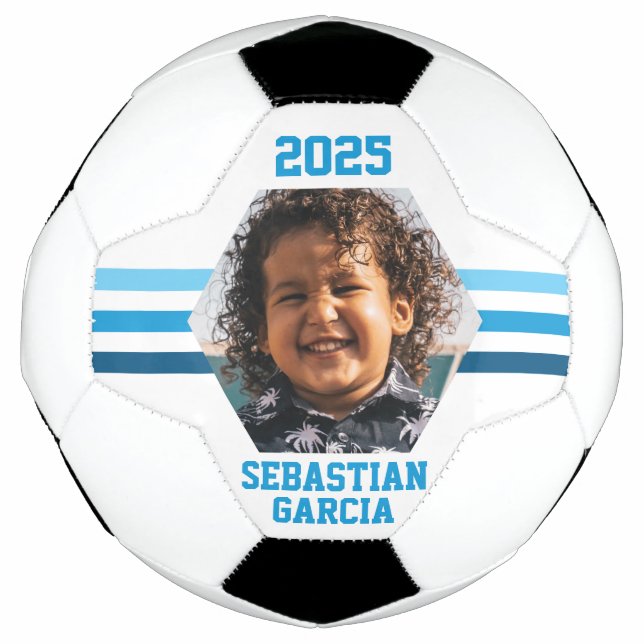 Balón De Fútbol Foto personalizada Keepsake Multi Blue Stripes (Anverso)