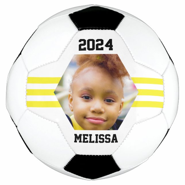 Balón De Fútbol Foto personalizada Keepsake rayas amarillas (Anverso)