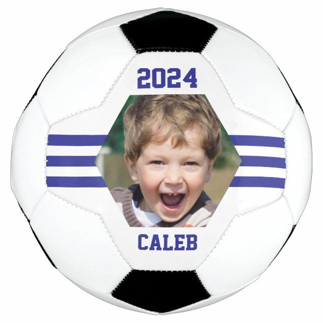 Balón De Fútbol Foto personalizada Keepsake Royal Blue Stripes (Anverso)