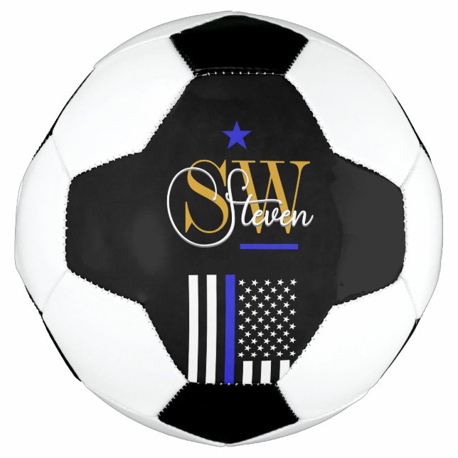 Balón De Fútbol Línea Azul y nombre monogramado / Firma moderna (Anverso)