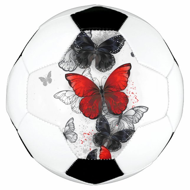 Balón De Fútbol Mariposas Morpho voladoras negras y rojas (Anverso)