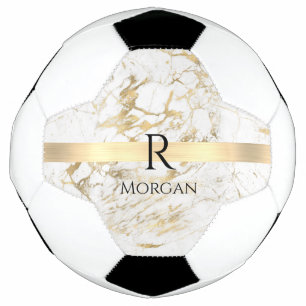Balón De Fútbol Mármol Blanco y Dorado Barra Dorada, Monograma de