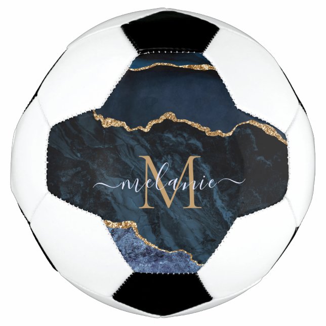 Balón De Fútbol Monograma Agy Marina Azul Oro Gemstone Mármol (Anverso)