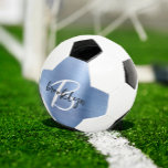 Balón De Fútbol Monograma de escritura blanca Metalizado cepillado<br><div class="desc">Esta pelota de fútbol personalizada presenta un monograma y un nombre en un guión moderno en blanco y negro sobre un fondo metalizado de color azul brillante.</div>