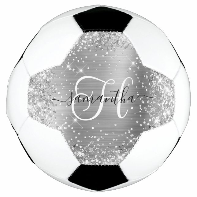 Balón De Fútbol Monograma de glam plateado Purpurinoso (Anverso)