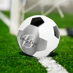 Balón De Fútbol Monograma de guión blanco negro de metal cepillado