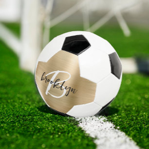 Balón De Fútbol Monograma de guión blanco negro de metal cepillado