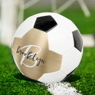 Balón De Fútbol Monograma de guión blanco negro de metal cepillado