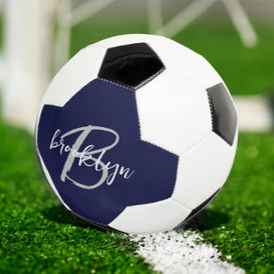 Balón De Fútbol Monograma de letra script moderna azul marino gris