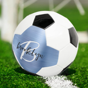 Balón De Fútbol Monograma de Metal Bruñido Azul Blanco Script 