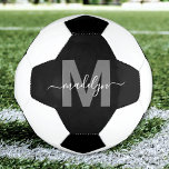 Balón De Fútbol Monograma de nombre blanco negro<br><div class="desc">Crea tu propio Monograma de nombre de bola de fútbol negro y blanco Personalizado. Este diseño presenta una clásica pelota de fútbol en blanco y negro con su monograma personalizado añadido para un toque deportivo y personal. Un comienzo gris negrita se combina con tu nombre en un guión blanco nítido...</div>