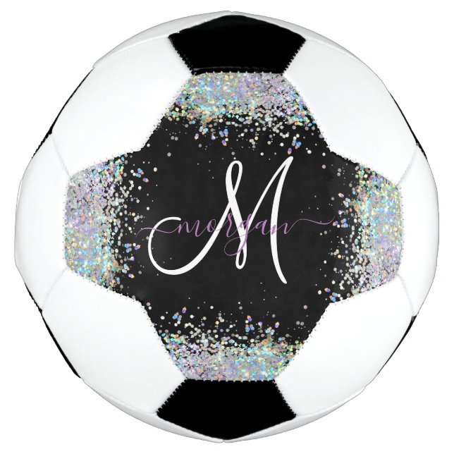 Balón De Fútbol Monograma de pasteles arcoiris Purpurina holográfi (Anverso)