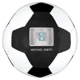 Balón De Fútbol Monograma gris y verde teal, nombre blanco platead
