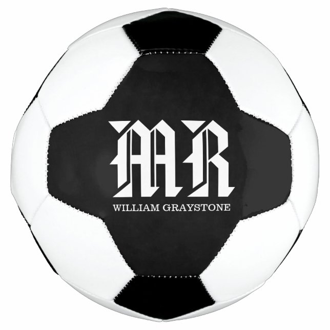 Balón De Fútbol Monograma MR de nombre blanco y negro (Anverso)