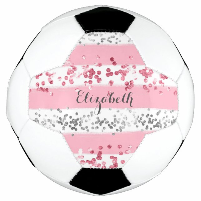 Balón De Fútbol Monograma Nombre Purpurina gris blanco rosado Girl (Anverso)
