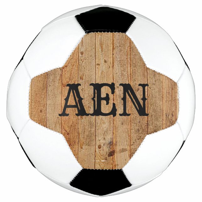 Balón De Fútbol Monomograma Madera Rústico País Marrón Negro  (Anverso)