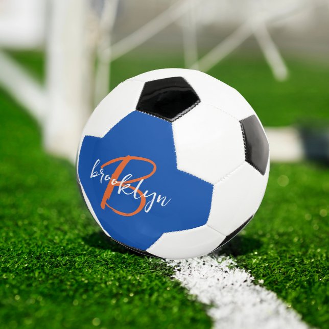 Balón De Fútbol Naranja Blanco Script Monograma Nombre Azul Cobalt (Subido por el creador)