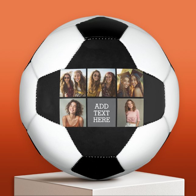 Balón De Fútbol Negro gris 5 Collage de fotos con texto (Custom Soccer Ball)