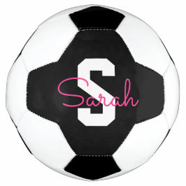 Balón De Fútbol Nombre Bonito & Monograma | Negro Blanco & Rosa