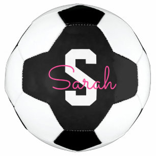 Balón De Fútbol Nombre Bonito & Monograma   Negro Blanco & Rosa