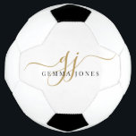 Balón De Fútbol Nombre de guión de monograma dorado negro<br><div class="desc">Elegante balón de fútbol minimalista de oro y monograma negro para el atleta elegante.</div>