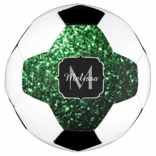 Balón De Fútbol Nombre de monograma con brillo falso verde oscuro