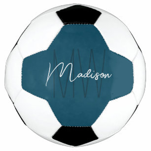 Balón De Fútbol Nombre de monograma moderno en azul