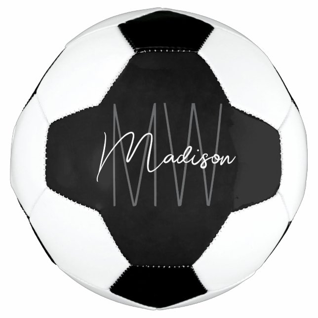 Balón De Fútbol Nombre de monograma moderno Script Blanco negro (Anverso)