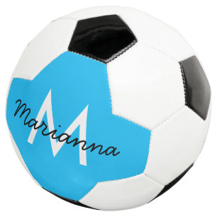 Balón De Fútbol Nombre de monograma personalizado Sporty Neon Cyan