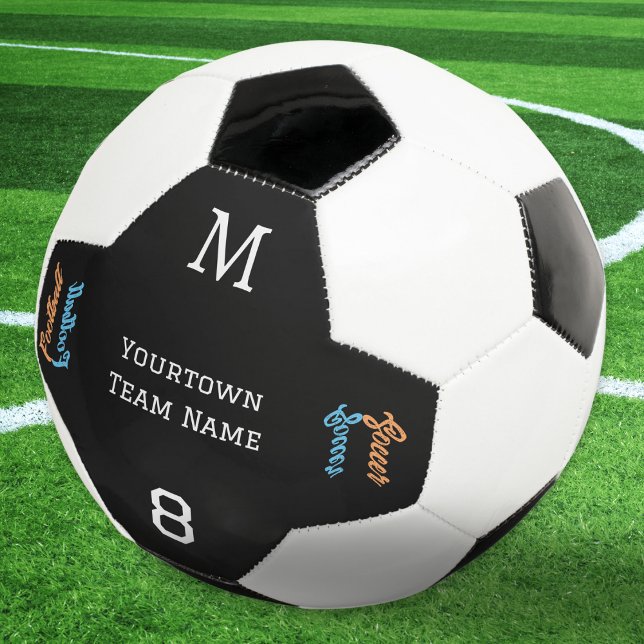 Balón De Fútbol Nombre del equipo Número Monogramado Moderno Estil (A monogrammed soccer ball for football players, with team name, number and script typography)