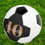 Balón De Fútbol Número de nombre de las iniciales del monograma de<br><div class="desc">Un elegante fondo negro,  textos blancos y dorados. Personaliza y agrega tu nombre y número de jugador.</div>
