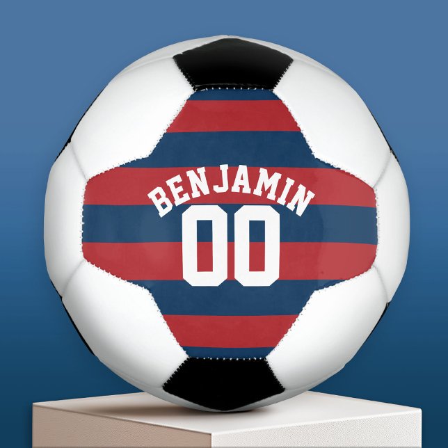 Balón De Fútbol Número de nombres de franjas de rugby azul y rojo  (Custom Soccer Ball)