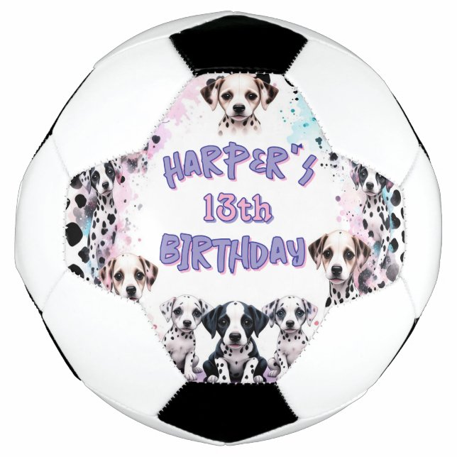 Balón De Fútbol Pastel Purple Watercolor Dalmatian Puppy Birthday  (Anverso)