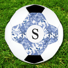 Balón De Fútbol Patrón floral azul monograma