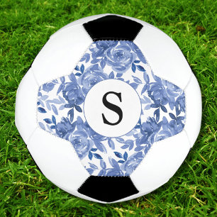 Balón De Fútbol Patrón floral azul monograma