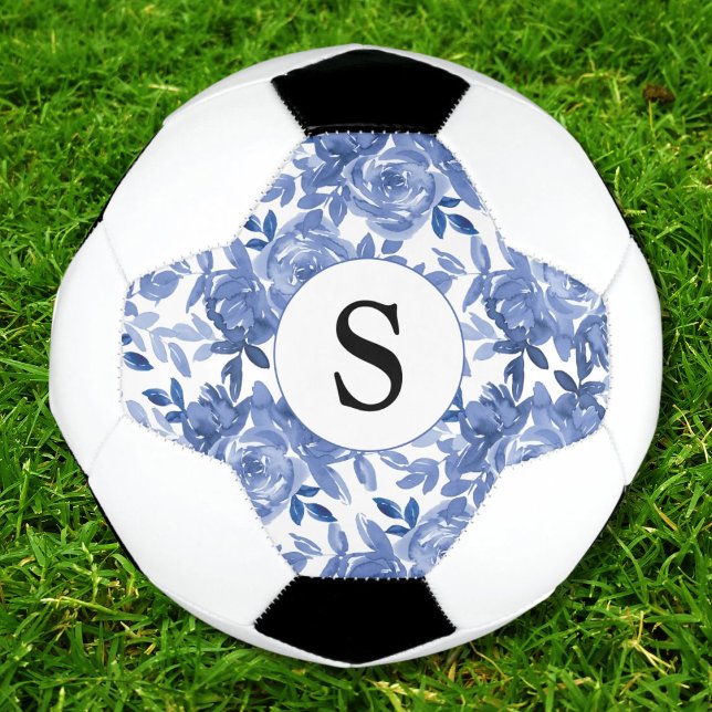 Balón De Fútbol Patrón floral azul monograma (Subido por el creador)